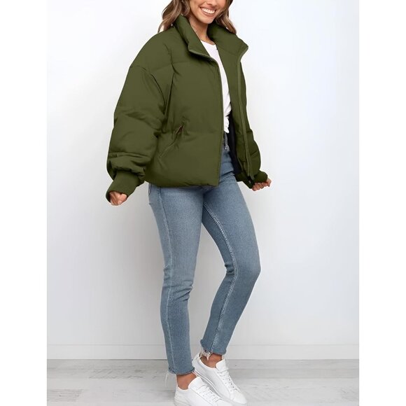 Women Cropped Puffer Jacket Coat Short Warm Quilted Outerwear with Pocket Green - Picture 5 of 7